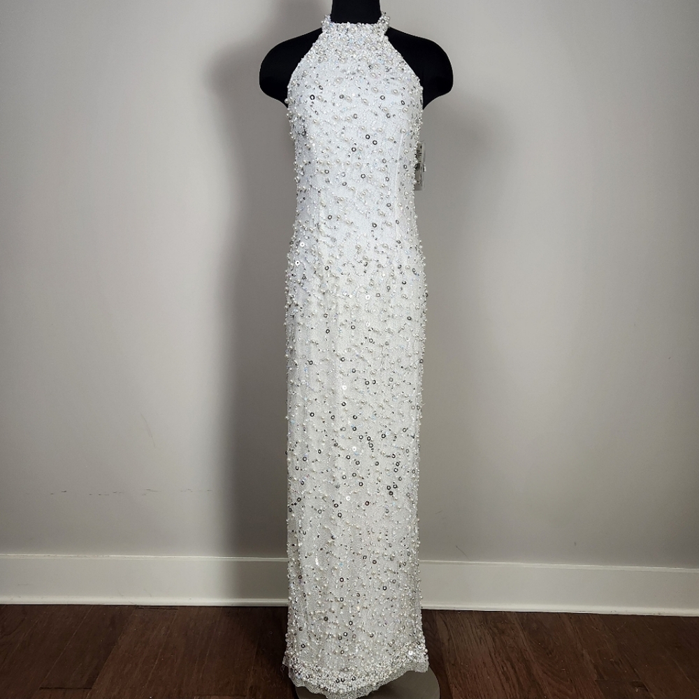 AIDAN MATTOX white beaded halter gown